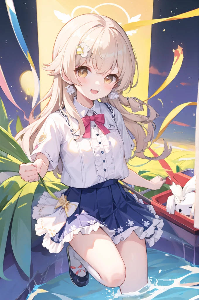 White knee socks,, open,ribbon,hair ornaments, Frilled mini skirt, Short sleeve shirt, whole body, smile