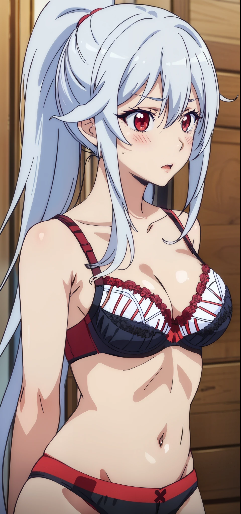 (masterpiece, best quality:1.2),illustration,8k,hd,1girl,very_long_hair,medium breasts,red_eyes,white_hair,((sleeveless)),(((bra, panties, upper_body))),aine, healthy skin, blushed,( ponytail)