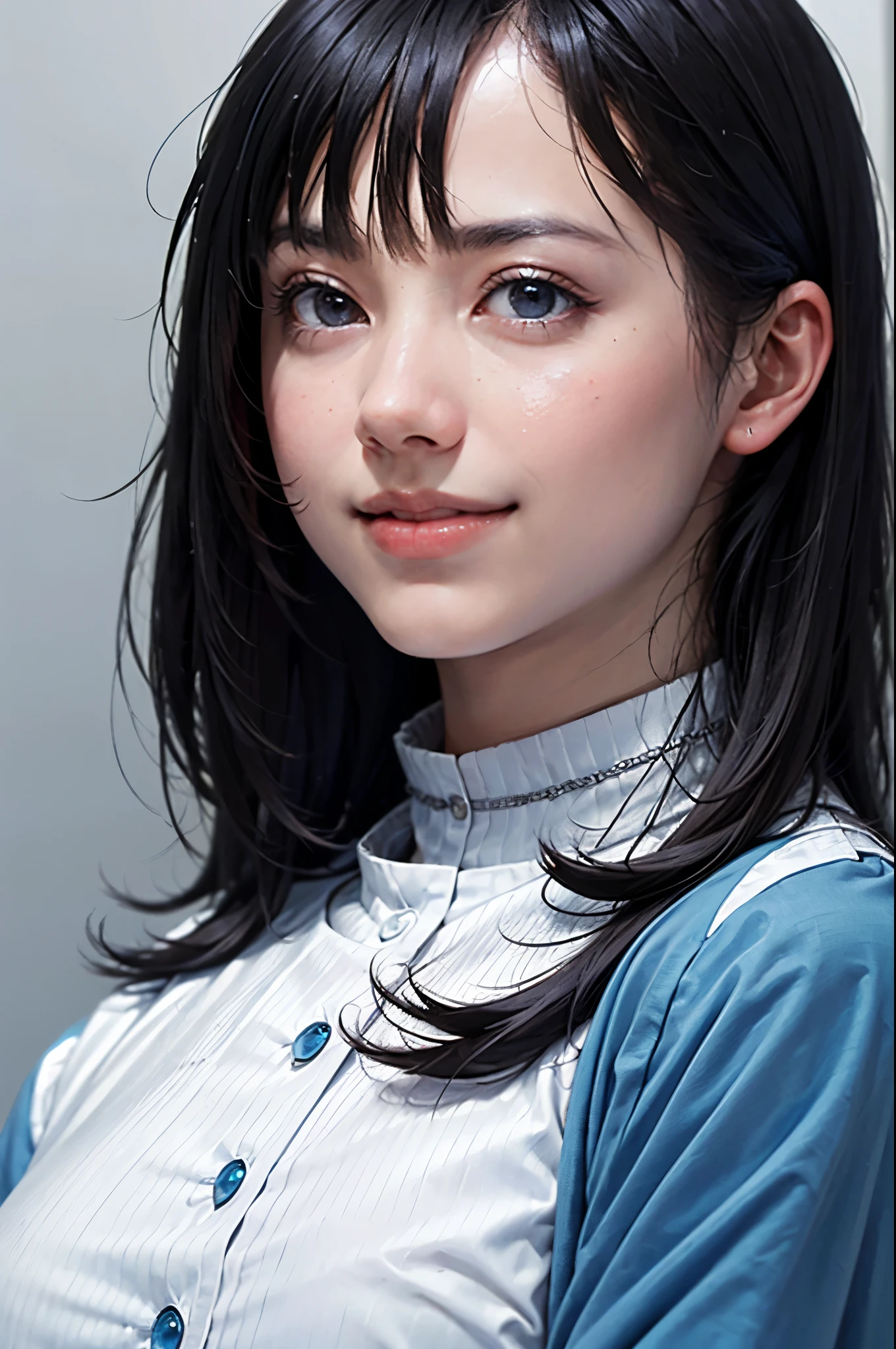 "(highest quality,8k,High resolution,masterpiece:1.2),Very detailed,(Realistic,photoRealistic,photo-Realistic:1.37),(Realistic:1.37),short hair,Flowing jet black hair,fringe,Deep black eyes,21 years old,Light Brown Hair,Blue clothes,Blue uniform,Moderate:Oil,Portrait of a Woman,smile,Vibrant colors,Soft lighting,Studio settings,Fine brushwork,White skin,Gentle expression,Subtle highlights,Thin hair bundle,A confident gaze,Classic black and white palette,Dramatic contrast,Bold composition,Mystery hint,Refined elegance,Professional Poses,Graceful posture,Perfect detail,Smooth skin texture,Perfect symmetry,The beauty of film: a mysterious smile,Sublime Art