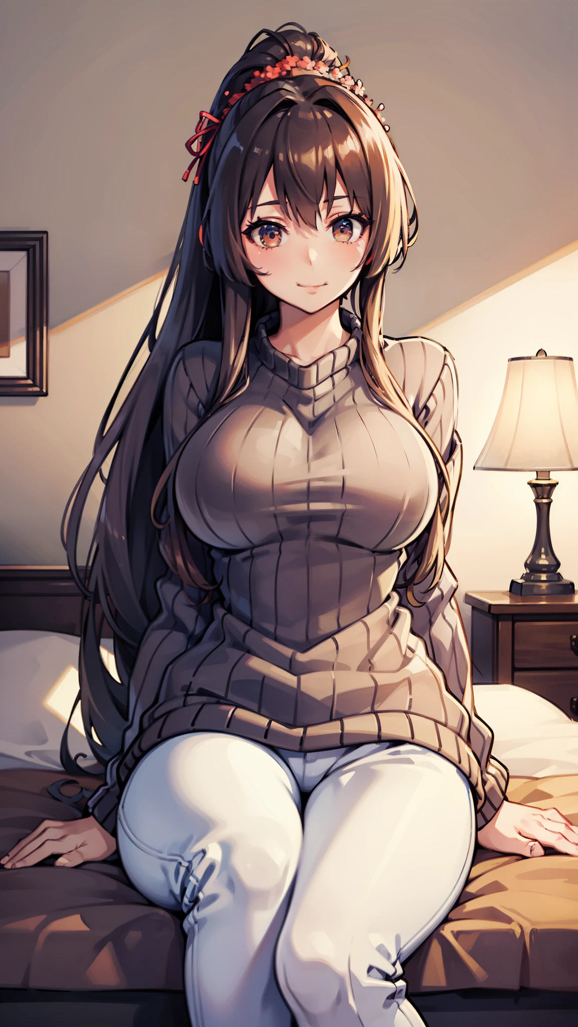 (masterpiece)), ((highest quality)), (super detailed), ((cute)), quavery), ((very detailed)), 4k, (8k), highest quality, (beautiful),(((world class quality))), very detailed, High resolution, (detailed shaded pretty face), whole body, ager, alone, ((huge breasts)), (((saggy breasts))), spring_costume, (brown sweater), (sweater), (ribbed_sweater), (length_dispel), (white_pants),smile,on bed,sitting