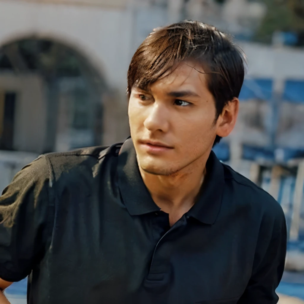Man, With black polo shirt, no print, with brown eyes, No beard, short hair, brown skin