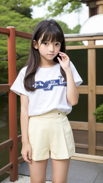 masterpiece, highest quality,(12 year old Japan girl:1.5),(I feel like crying:1.3) ,White camisole、The close-fitting shorts,Are standing,garden,,(Junior high school girls&#39; summer clothes and hairpins:1.8),Brown eyes,(small:1.7),(Smooth straight hair:1.5),(Slender body,Thin legs),Detailed eyes,Very white skin,Let your bangs down,Detailed body,Detailed hand,No makeup, smile,Hands to the side,flower,