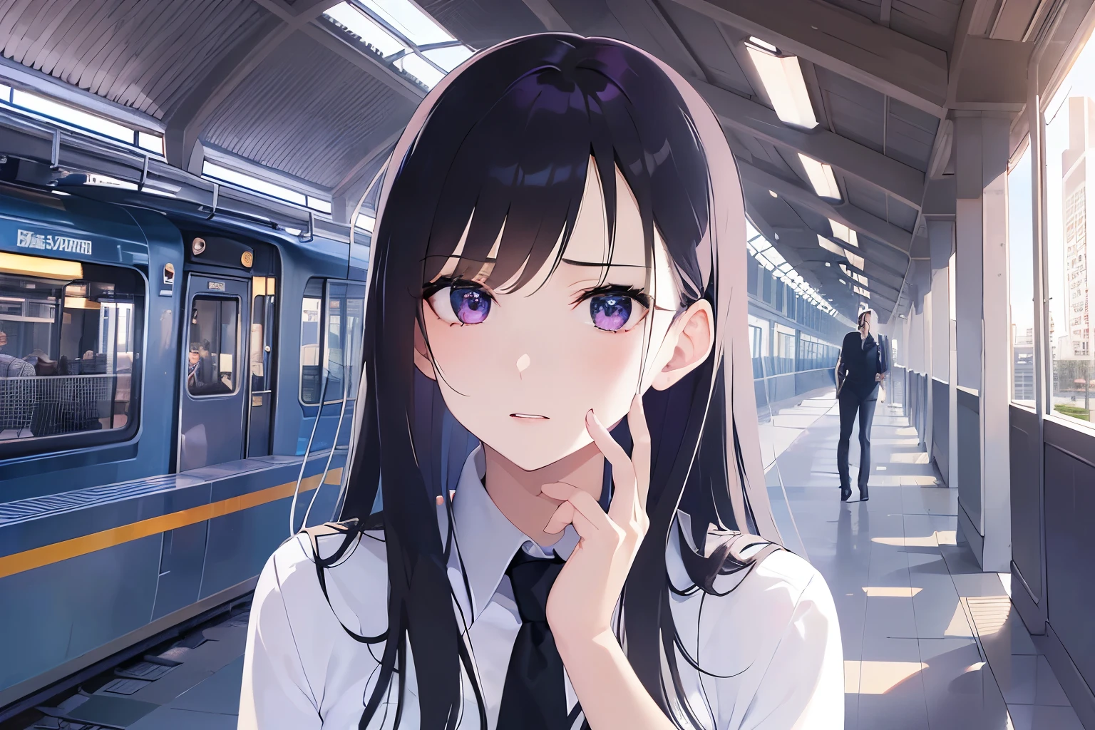 Placing hand on face, Biologically correct five fingers、upper body, Realistic, real person, (pale skin: 1.2), (RAW photo:1.5), photorealistic, shiny skin, shiny hair、(A 25-year-old woman with straight hair and bangs) and (medium hair) and (black hair) and (purple eyes), business suit, (scared:1.3), The background is a train station、alone、Are standing