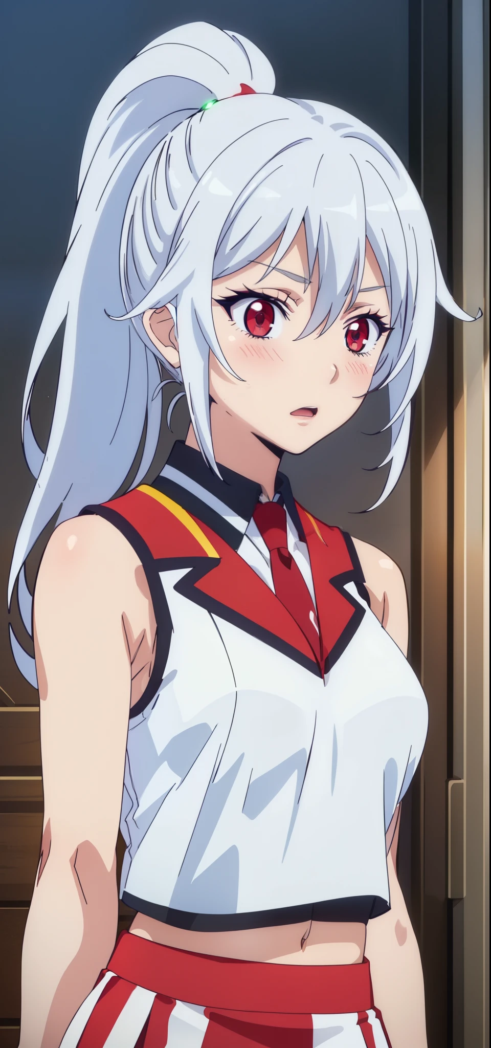 (masterpiece, best quality:1.2),illustration,8k,hd,1girl,very_long_hair,medium breasts,red_eyes,white_hair,((sleeveless)),(((skirt, cropped tank top, upper_body))),aine, (healthy skin, glowing skin), blushed,( ponytail)