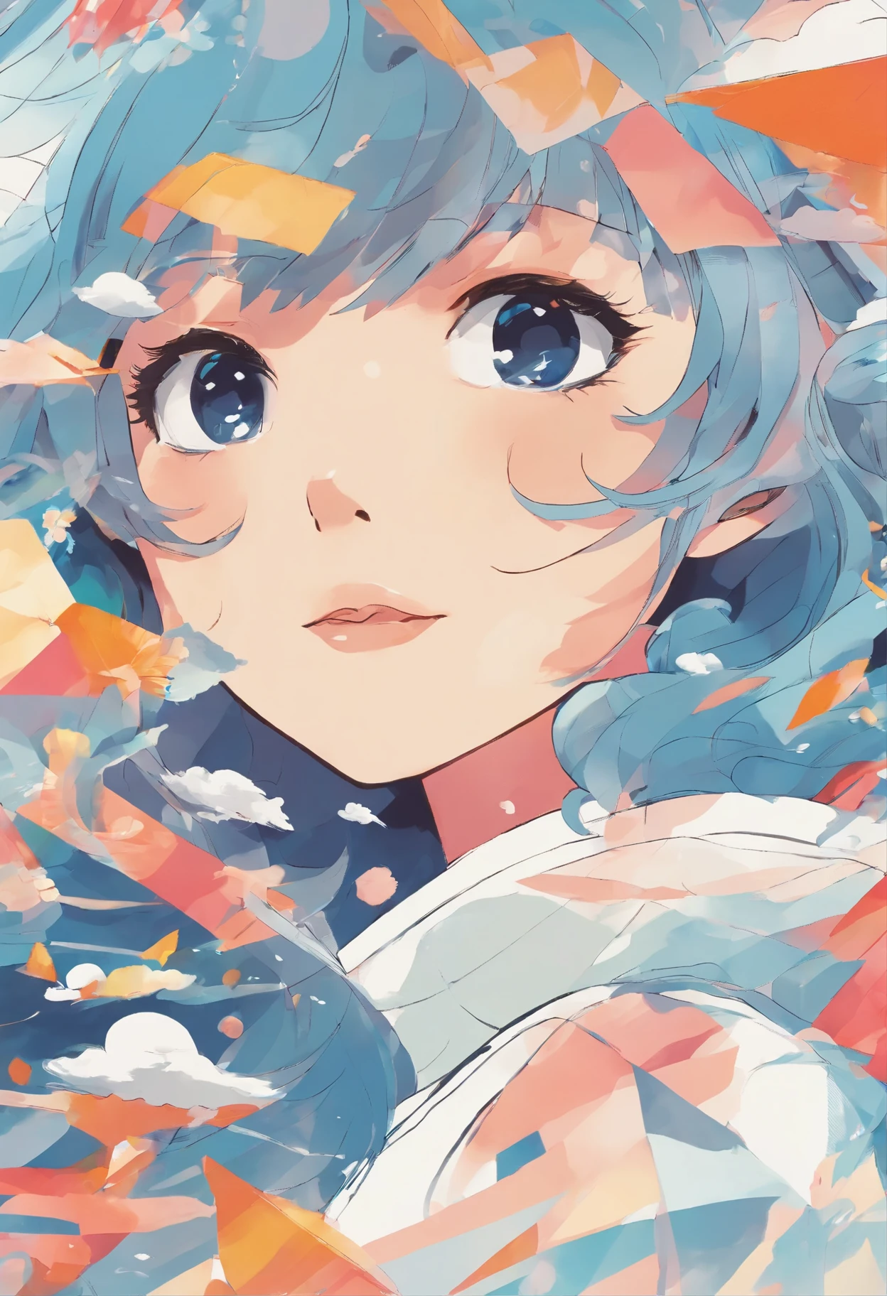 masterpiece, best quality, movie still, 1girl, floating in the sky, cloud girl, cloud, (close-up:1.1), bright, happy, fun, soft lighting, (Bauhaus, shapes, lines, abstract:1.1)