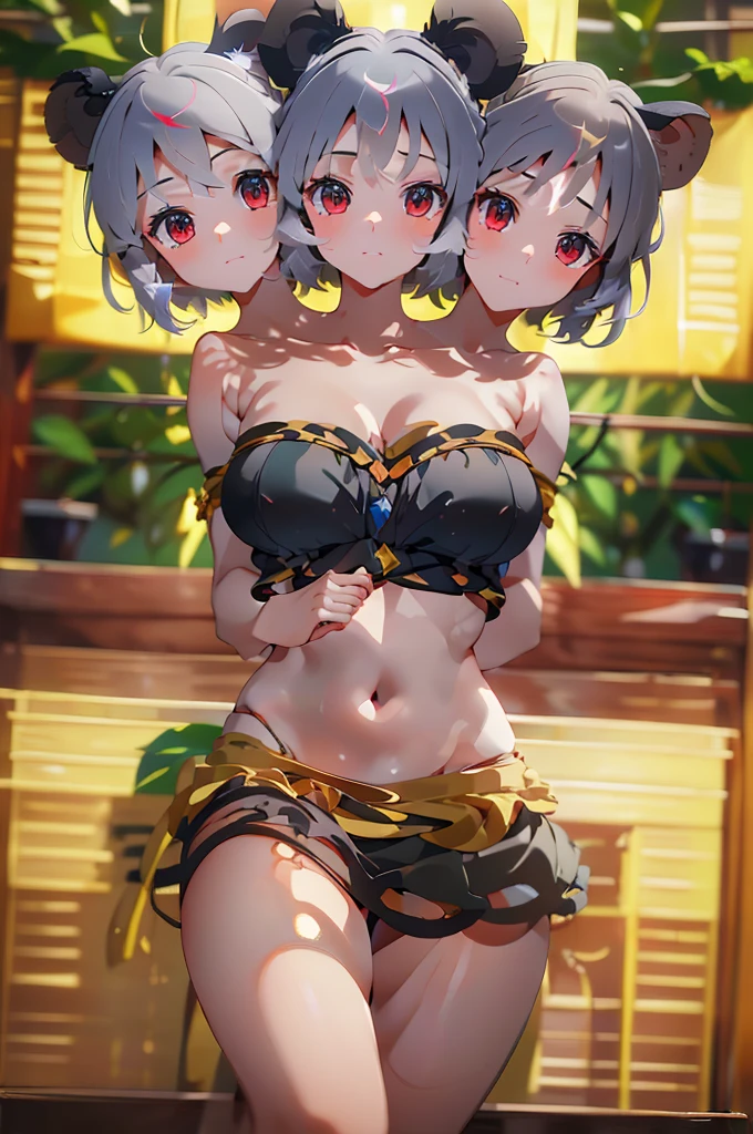 (masterpiece, best quality), best quality, (ultra-detailed), (3heads:1.5), 1girl, (nazrin:1.3), masterpiece, best quality, ultra quality, ultra resolution, ultra detail, brownish-black top, crop top, ((stomach)), midriff, ((groin)), brownish-black skirt, normal ears, shackles, grey hair, very long hair, wavy hair, sidelocks, brown eyes, very detailed eyes, parted lips, single horn, sweat, cute, toned belly, hand on own chest, eyelashes, (24 year old woman:1.3), (masterpiece:1.5), (best quality:1.5), (beautiful detailed), extremely detailed CG, extremely delicate and beautiful, depth of field, (finely detailed face), (perfect details:1.3), (mature female:1.3), wide pelvis, slender, large veiny breast, 16k resolution, highres, high quality, high definition, extremely detailed, masterpiece, grey hair, long hair, alluring presence, braid, short skirt, close up, big , young, mouse ears, mouse tail,
