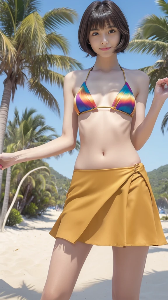 (((masterpiece, highest quality, Super detailed))), 1 female, (((very thin body))), (((length, thin legs))), (((Beautiful short wavy black hair, thick and fluffy bangs))), (((highly detailed face))), cosmetics free, small, thin nose, small thin mouth, (((Very sharp focused eyes))), Japanese, beautiful face, smile, (lifelike face), beautiful hairstyle, realistic eyes, fine and beautiful eyes, (real looking skin), beautiful skin, charm, ultra high resolution, surreal, high detail, golden ratio, (detail makeup:1.2), (colorful Skirt bikini:1.3), tropical beach, sun, Ocean, liftSkirt,shot from below, perfect limbs, gravure pose