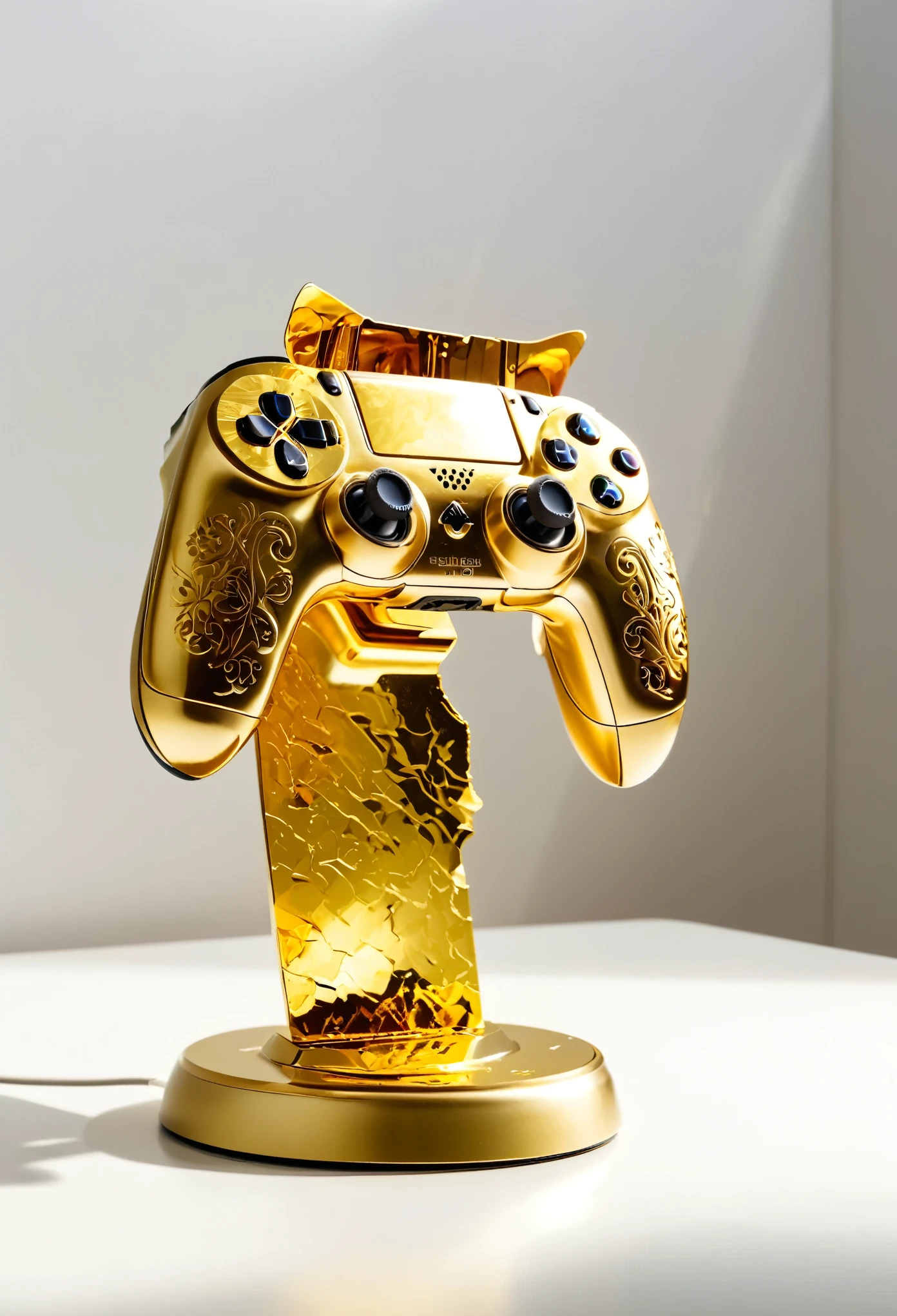 broken gold trophy on whtie background, a gaming controller is embossed on the stand，light and shadow ,uhd