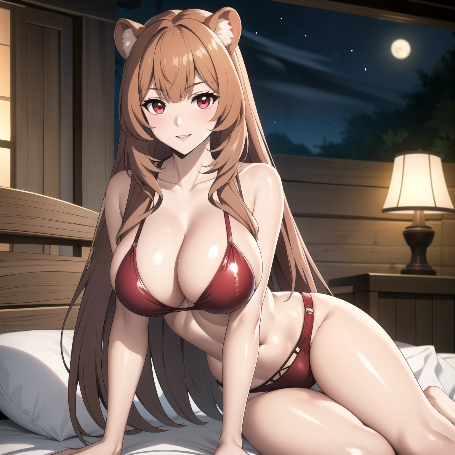 1 sola chica, Raphtalia. atractiva mujer. orejas de oso, cabello rubio-naranjo brillante, red eyes like rubies, sonrisa,, pale skin, pechos grandes, red lancery. sexy, esta recostada sobre una cama lujosa, habitacion muy lujosa de noche.