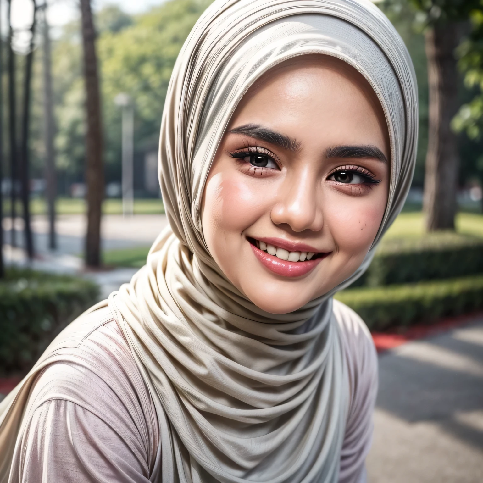 Jumbo (kebaya), Chubby adorable, 1 girl, (face to face), 10 years old, baby face, happy, half body portrait, (face details: 1), (eye details: 1), ((big breasts)). wearing transparent transparency soft soft long shirt, hijab, .. Cute posed. proportional body. Ultra High Res. realistic: 1.4, UHD, (floral pattern), view from side seductive pose
