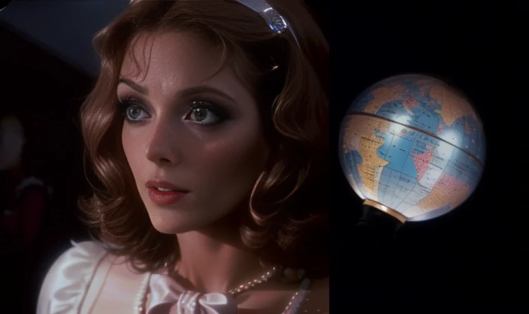 A woman wearing a hair clip is looking at a globe, 1973年のMovie screenshots, 「The Rocky Horror Show」Movie stills from, Inspired by E. t. One. Hoffman, Movie screenshots, 1 9 8 6 Movie screenshots, In a movie starring Susan Sarandon, 1 9 73 Horror Movies, movie scene close up