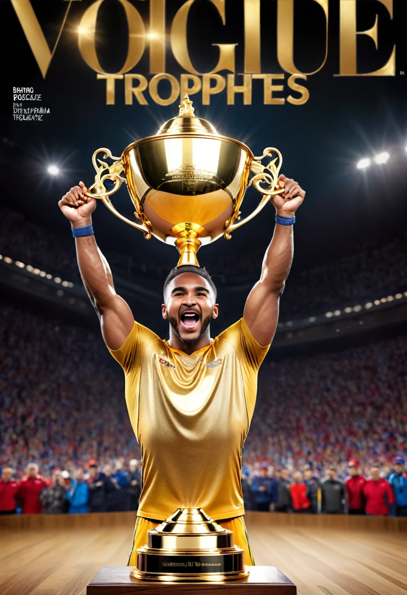 ((popular magazine of athletes lifting a gold trophy:1.5), hyper detailed, masterpiece, best sports photography, (headline, gold trophy for best athlete:1.4),HD,8K,ultra-detailed,realistic,sharp focus,physically-based rendering,studio lighting,vivid colors,portraits,landscape,bokeh