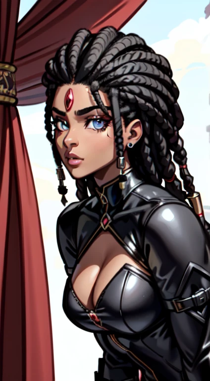 um (Afro-americana) female with dark (preto dreadlocks), Escuro (pele marrom), Olhos dourados, Demonic (Princesa), (jovem) assassin, (preto) traje de assassino, sagrado (half demon), (umti-hero), (maga) assassin, (Sci-fi) fantasia, (Close-up), perfect composition, hiper-detalhado, 8k, alta qualidade, (olhos perfeitos), sharp focus, studio photo, detalhes intrincados, (Action) Pose, 1 