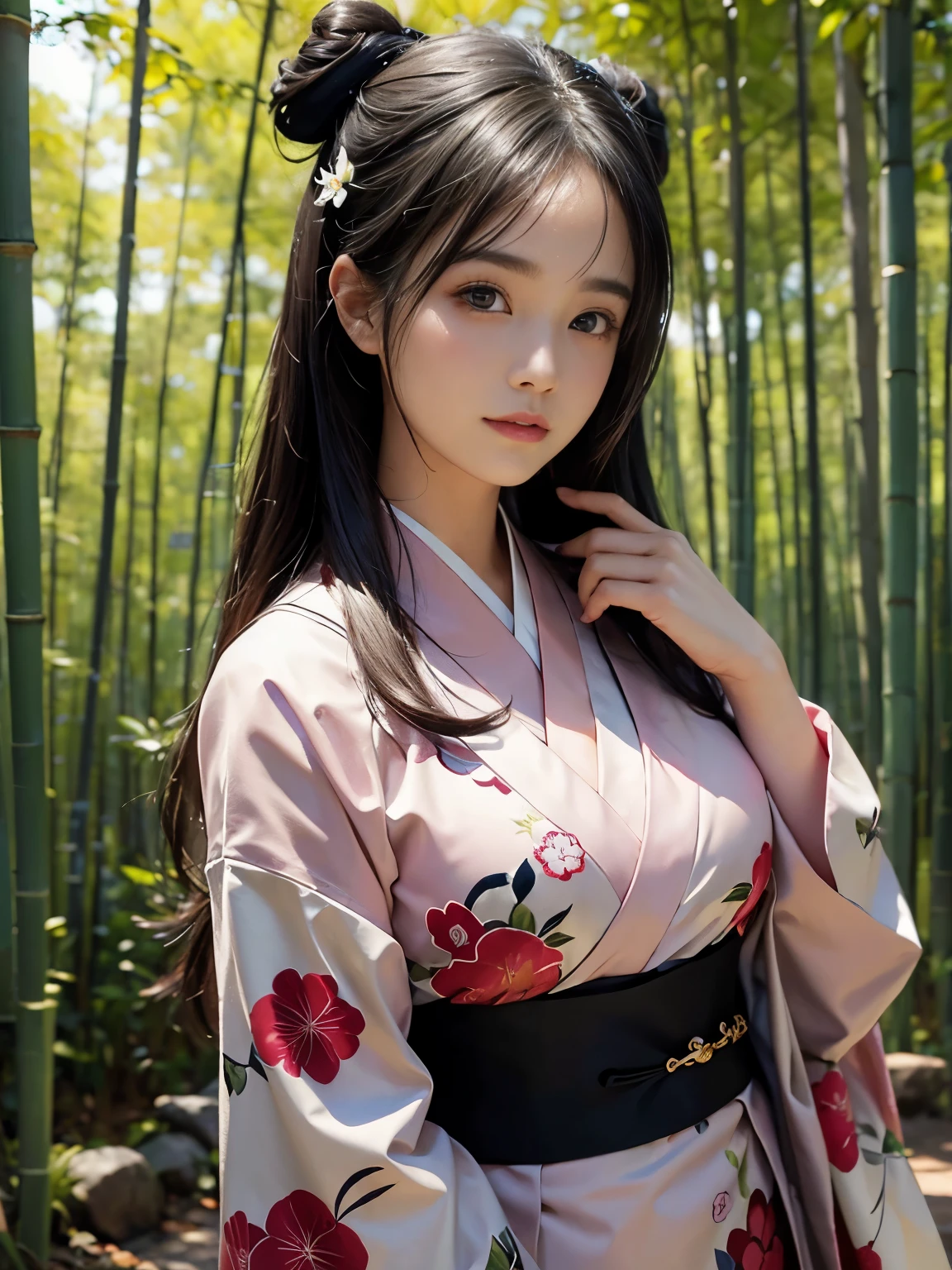 (ultra realistic) , (illustration), (increase resolution), (8K), (extremely detailed), (best illustration), (beautiful detailed eyes), (best quality), (ultra-detailed), (masterpiece), (wallpaper), (detailed face), solo,1 girl, looking at viewers, black straight hair, plump breasts, delicate details, in the dark, deep shadow, low key, pureerosfaceace_v1, happy smile, japanese kimono costume, full body, bamboo forest