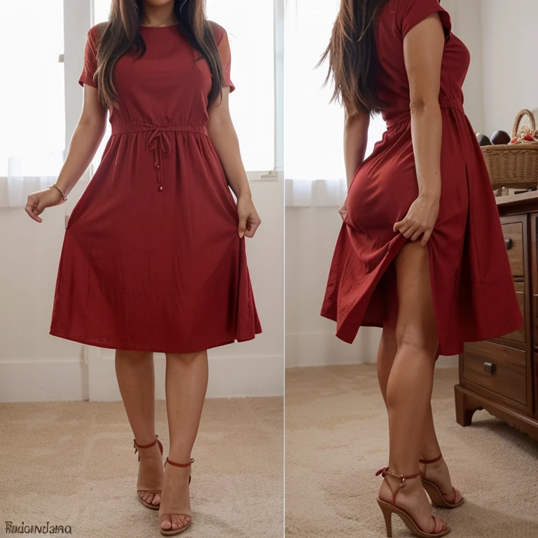 Mujer mestiza 90 60 90 con vestido rojo de tirantes casual escotado y tacones