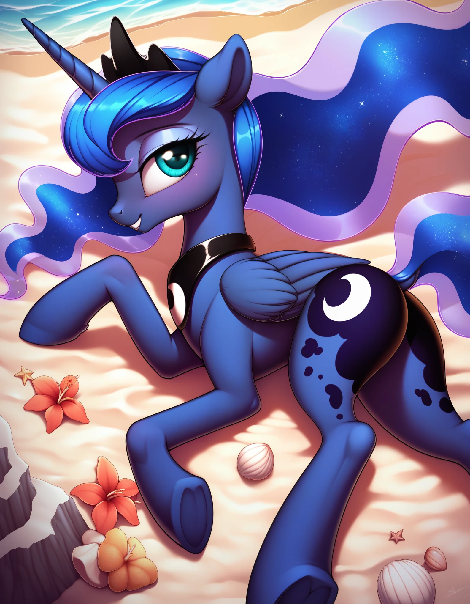 score_9, score_8_up, score_7_up, score_6_up, feral_pony, Princess Luna, pony, anatomically correct,  CBTwi, beach, laying