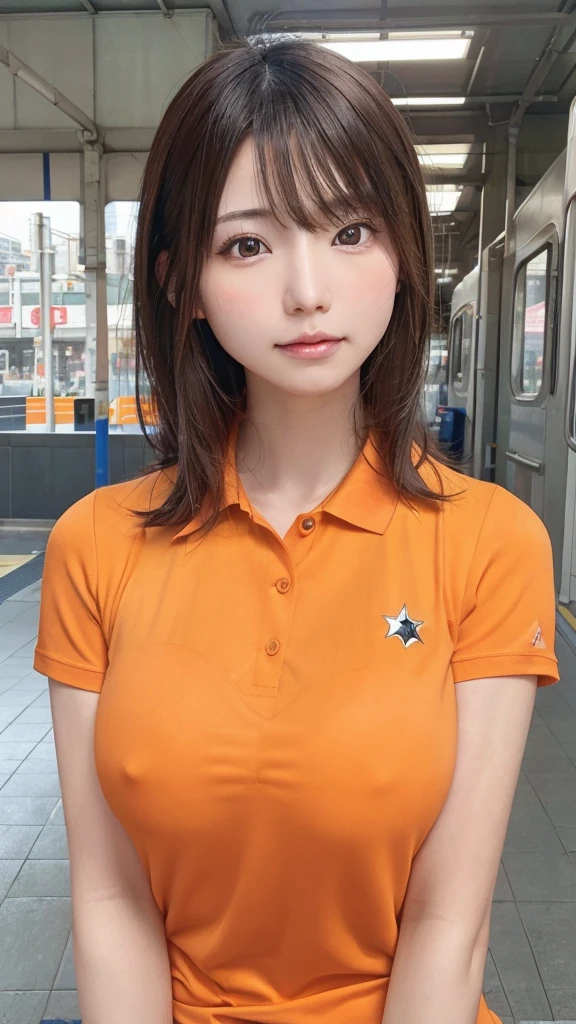 Realistic photos (1 cute Japanese star) Reverse hair, light makeup, Middle breast size, Orange polo shirt, At the train station, Canon EOS Clear Facial Features, 16k, High resolution, Sharp and realistic details, Exposure, interrupt, 超High resolution, High resolution, highest quality