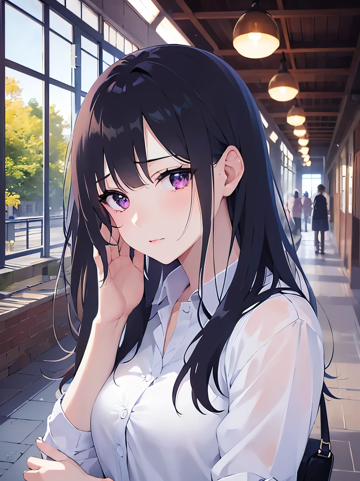 Placing hand on face, Biologically correct five fingers、upper body, Realistic, real person, (pale skin: 1.2), (RAW photo:1.5), photorealistic, shiny skin, shiny hair、(A 25-year-old woman with straight hair and bangs) and (medium hair) and (black hair) and (purple eyes), white collared shirt, (scared:1.3), tears, The background is a train station、alone、Are standing