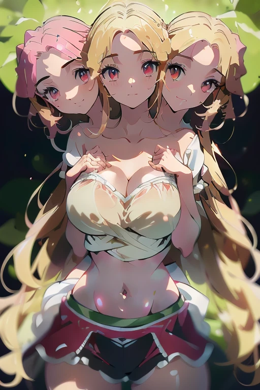 (masterpiece, best quality), best quality, best resolution, (ultra-detailed), (3heads:1.5), 1girl, (yuki:1.3), masterpiece, best quality, ultra quality, ultra resolution, ultra detail, dark red and pink top, crop top, ((stomach)), midriff, ((groin)), dark red and pink skirt, normal ears, shackles, blonde hair, very long hair, wavy hair, sidelocks, yellow eyes, parted lips, open belly, sweat, cute, toned belly, hand on own chest, eyelashes, (24 year old woman:1.3), (masterpiece:1.5), (best quality:1.5), (beautiful detailed), extremely detailed CG, extremely delicate and beautiful, depth of field, (finely detailed face), (perfect details:1.2), (mature female:1.3), wide pelvis, slender, large veiny breast, 16k resolution, highres, very high quality, very high definition, extremely detailed, masterpiece, best quality, blonde hair, long hair, alluring presence, braid, short skirt, close up, big tits, young, pink ribbon, girl with three heads, same hair color, blonde,