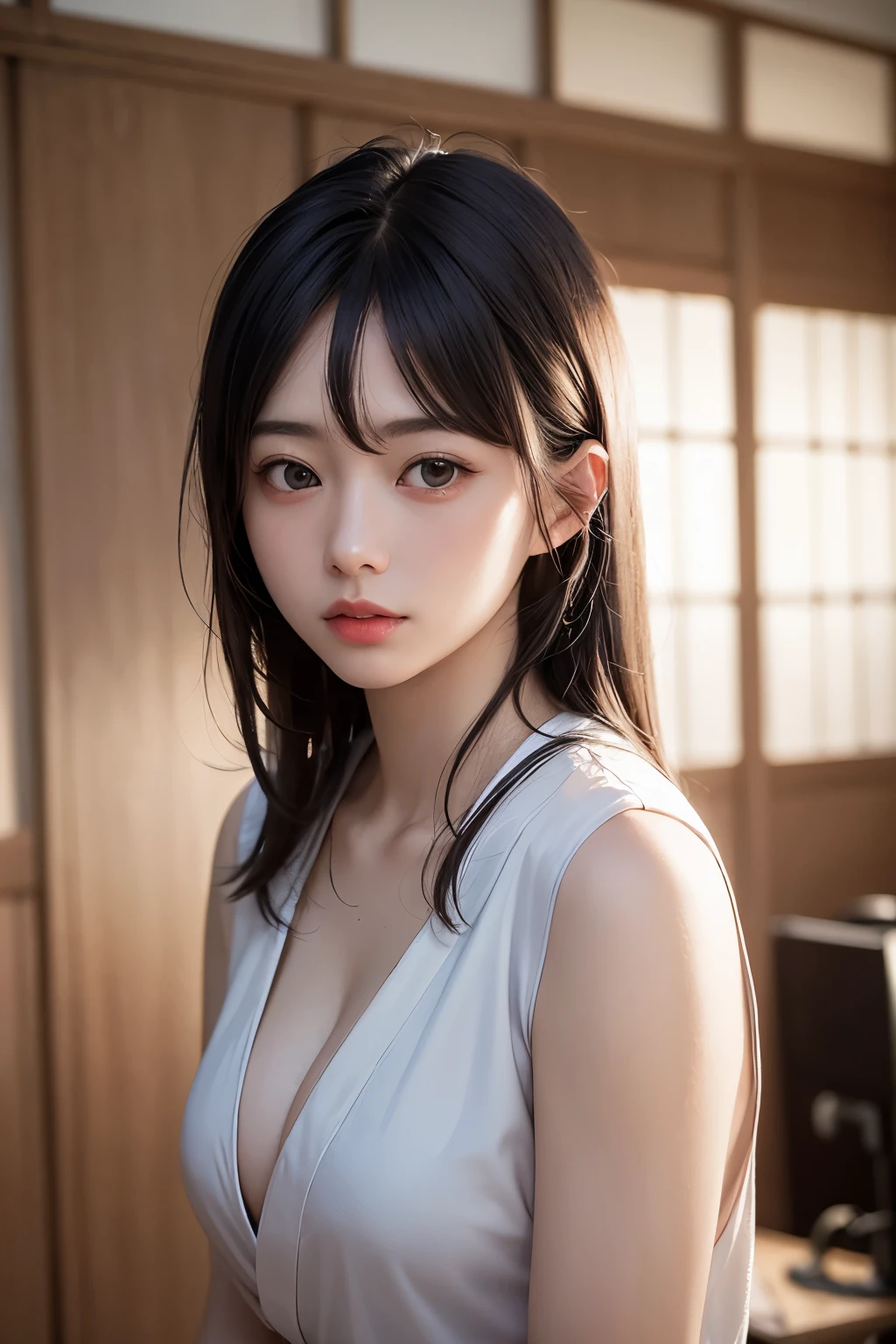 (1 nogizaka girl,raw photo,photo realistic:1.5),(best quality, high quality,HDR, highest quality,ultra high resolution,high resolution,high res,ultra high difinition,huge file size,8K,2K wallpaper,8K wallpaper,high quality texture,amazing,an extremely delicate:1.4),one girl, Japanese famous idol,beautiful face,small face,absurd,ridiculous,incredibly ridiculous,portrait,breasts close up,blurry background,(school teacher,cleavage,no makeup:1.2),medium skin,beautiful skin,detailed skin,small head,black hair,silky hair,(Japanese eyes:1.3),detailed eyes,black eyes,Japanese idol eyes,perfectly propotioned face,Japanese nose,5-fingers,(Light Particles, Lens Flare, Luminous Particles: 0.7),looking at viewer,bright lighting,professional lighting,girl