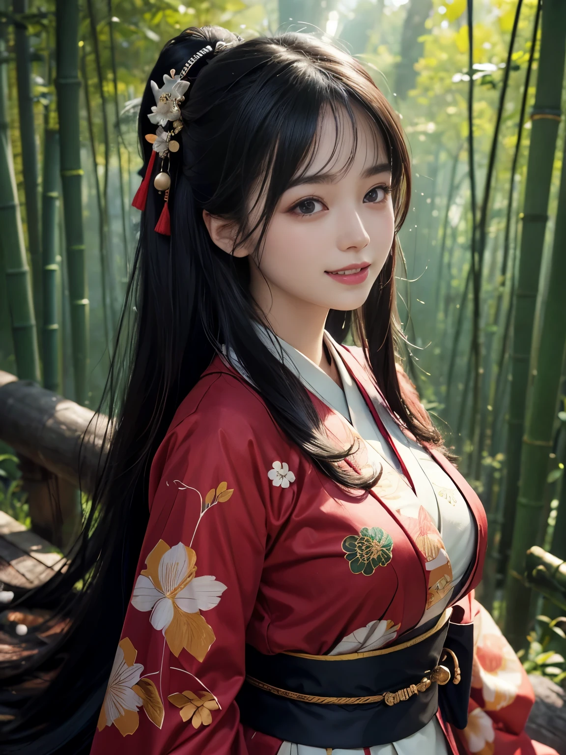 (ultra realistic) , (illustration), (increase resolution), (8K), (extremely detailed), (best illustration), (beautiful detailed eyes), (best quality), (ultra-detailed), (masterpiece), (wallpaper), (detailed face), solo,1 girl, looking at viewers, black straight hair, plump breasts, delicate details, in the dark, deep shadow, low key, pureerosfaceace_v1, happy smile, japanese kimono costume, full body, bamboo forest