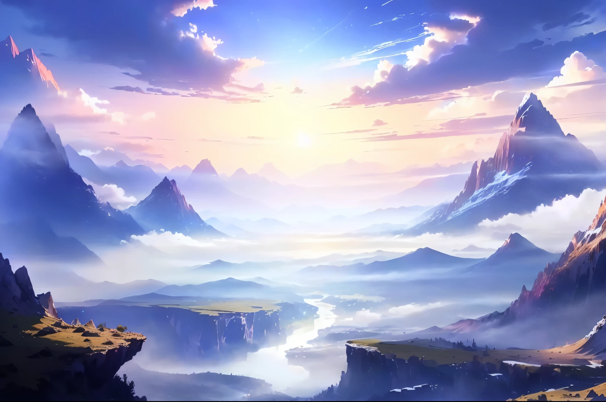 mountains and a valley with a river in the middle of it, anime landscape wallpaper, anime landscape, an epic landscape, anime scenery, anime background, beautiful anime scenery, most epic landscape, amazing wallpaper, epic scenery, epic landscape, anime background art, landscape wallpaper, background artwork, dreamy landscape, background art, epic dreamlike fantasy landscape, anime beautiful peace scene,4K, 8k, 16k, UHD, masterpiece, super detail