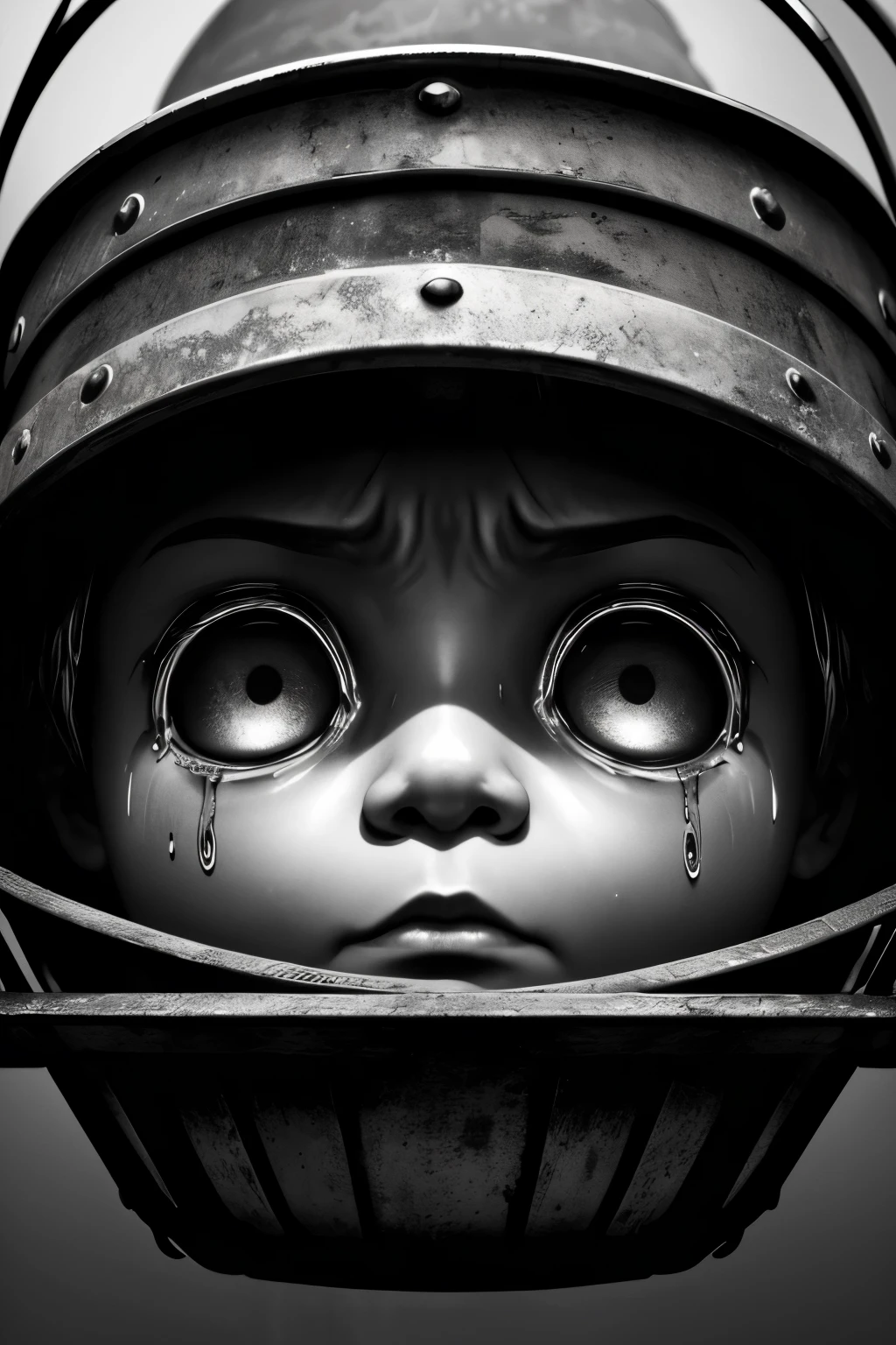 (best quality,ultra-detailed,highres,masterpiece:1.2),a crying iron baby in the basket,iron basket,newborn baby,metallic texture,shiny surface,chromatic color palette,dark atmosphere,studio lighting,emotional expression of the baby,sadness,tears,wrinkled face,scratches on the surface of the basket,unforgiving environment,harsh shadows,gritty details,heavy weight,lifeless eyes,cold color temperature,contrasting light and shadow,hopelessness,loneliness,beautifully crafted ironwork,rustic finish,+metal,deep emotional impact,distorted perspective,limited palette,monochrome effect,black and white color scheme,vivid emotions.