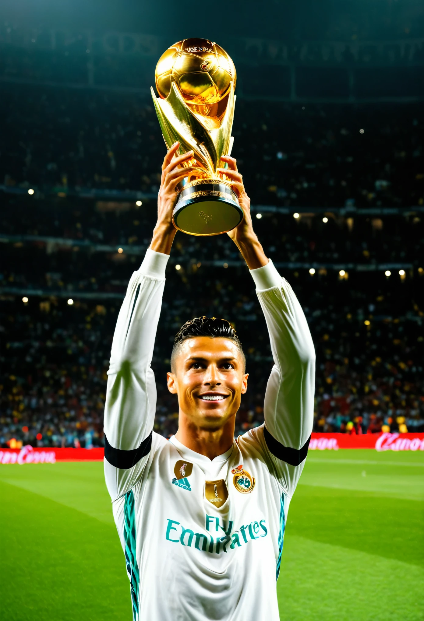 cristiano ronaldo celebreating with his teams the gold trophy aloft in a football stadium aiming to depict vivid details and a realistic atmosphere , canon,anatomical correct:2,solo