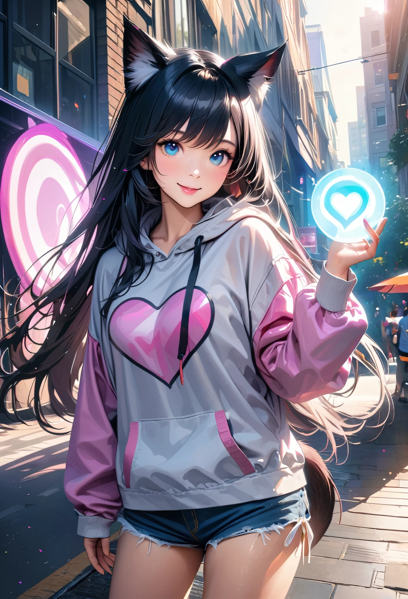 Ahri wearing a casual light grey hoodie,short jeans, beautiful detailed eyes, smiling face, longeyelashes, her tails forming a heart shape behind her, standing on a sidewalk, sun shining, vivid colors, photo-realistic, portraits, medium:illustration. (best quality,ultra-detailed,HDR,colorful vivid appearance,studio lighting)