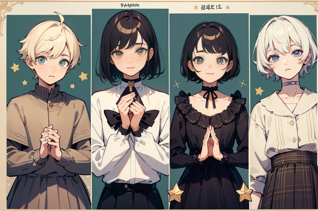 ((Masterpiece, Highest quality)), Detailed face, character sheets, full bodyesbian, Full of details, Multiple poses and expressions, Highly detailed, Depth, Many parts, 1boys , Children all over the body :3, mitts, Stockings, Black choker, The eye, Star (symbol), pupils in symbol shapes
