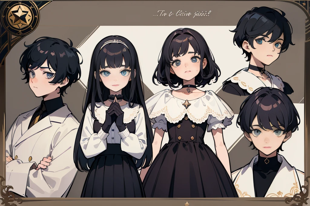 ((Masterpiece, Highest quality)), Detailed face, character sheets, full bodyesbian, Full of details, Multiple poses and expressions, Highly detailed, Depth, Many parts, 1boys , Children all over the body :3, mitts, Stockings, Black choker, The eye, Star (symbol), pupils in symbol shapes