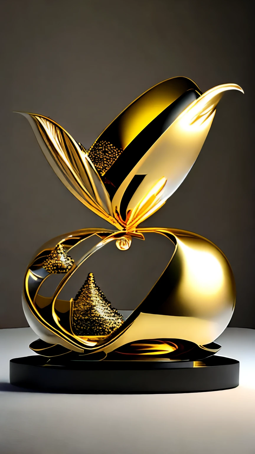 best quality, super fine, 16k, golden trophy, shiny gold plating, twisted, luxurious and cool form, displayed on iridescent crystal base, background translucent black room, light-up