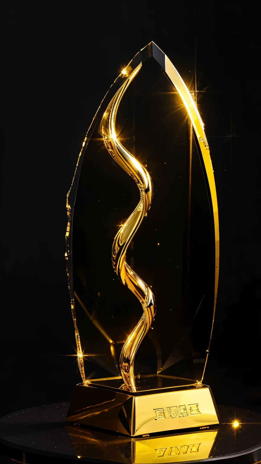 best quality, super fine, 16k, golden trophy, shiny gold plating, twisted, luxurious and cool form, displayed on iridescent crystal base, background translucent black room, light-up