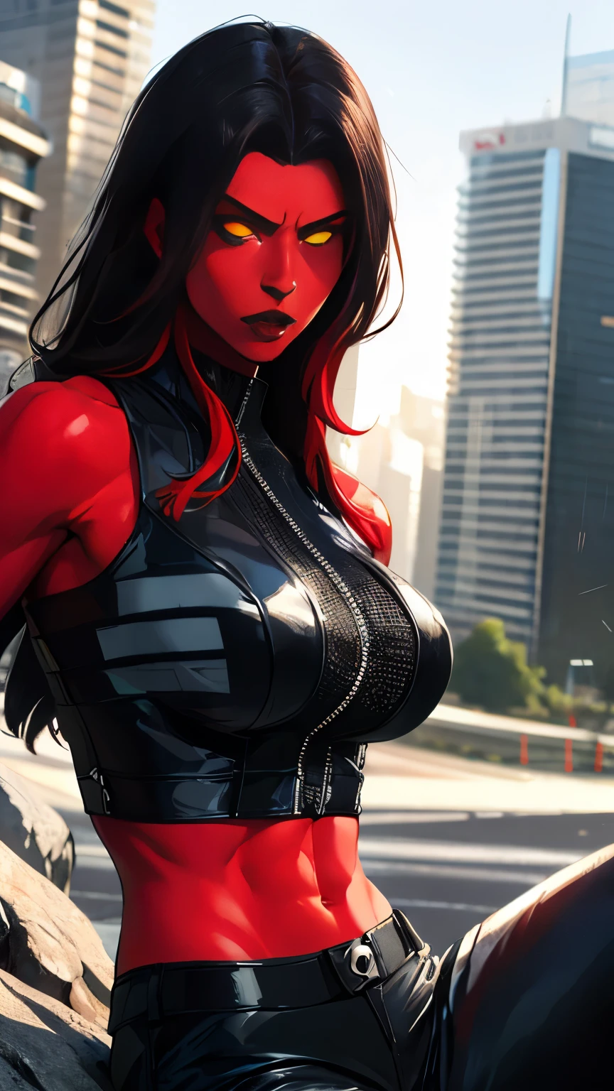 (Highly quality, masterpiece, detailed), City on Fire detailed scenario, city on fire detailed background, 20 years old girl, redshehulk, solo, Red skin, Yellow eyes, Black hair, Colored Skin, Black top, Leather top, Black pants, Leather Pants, Crop top, Black Sleeves, Long Sleeves, Black Gloves, Navel, Angry, sitting on a rock, beautiful eyes, perfect eyes, looking at the viewer, Sexy pose