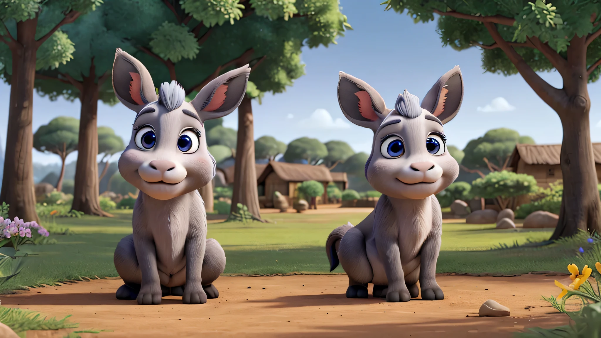 An adult donkey, confident appearance, long ears, one ear lowered, blue eyes, four legs, dark gray fur, cute, round face, charming, Madagascar, large white teeth, trees in the background, flowers on the ground, Disney,