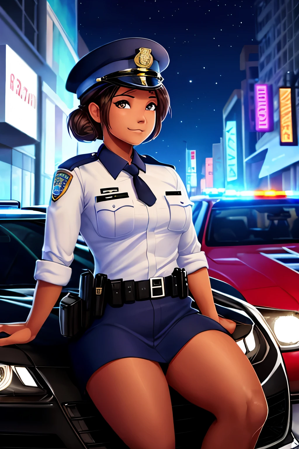 A female police officer is sitting neatly on the hood of a police car, a cute dignified expression, a female police officer, police uniform, late at night, downtown area