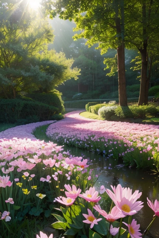 Spring landscape photos,There is a sea of flowers,A little rain,Sunlight filtering through the trees, A ray of light