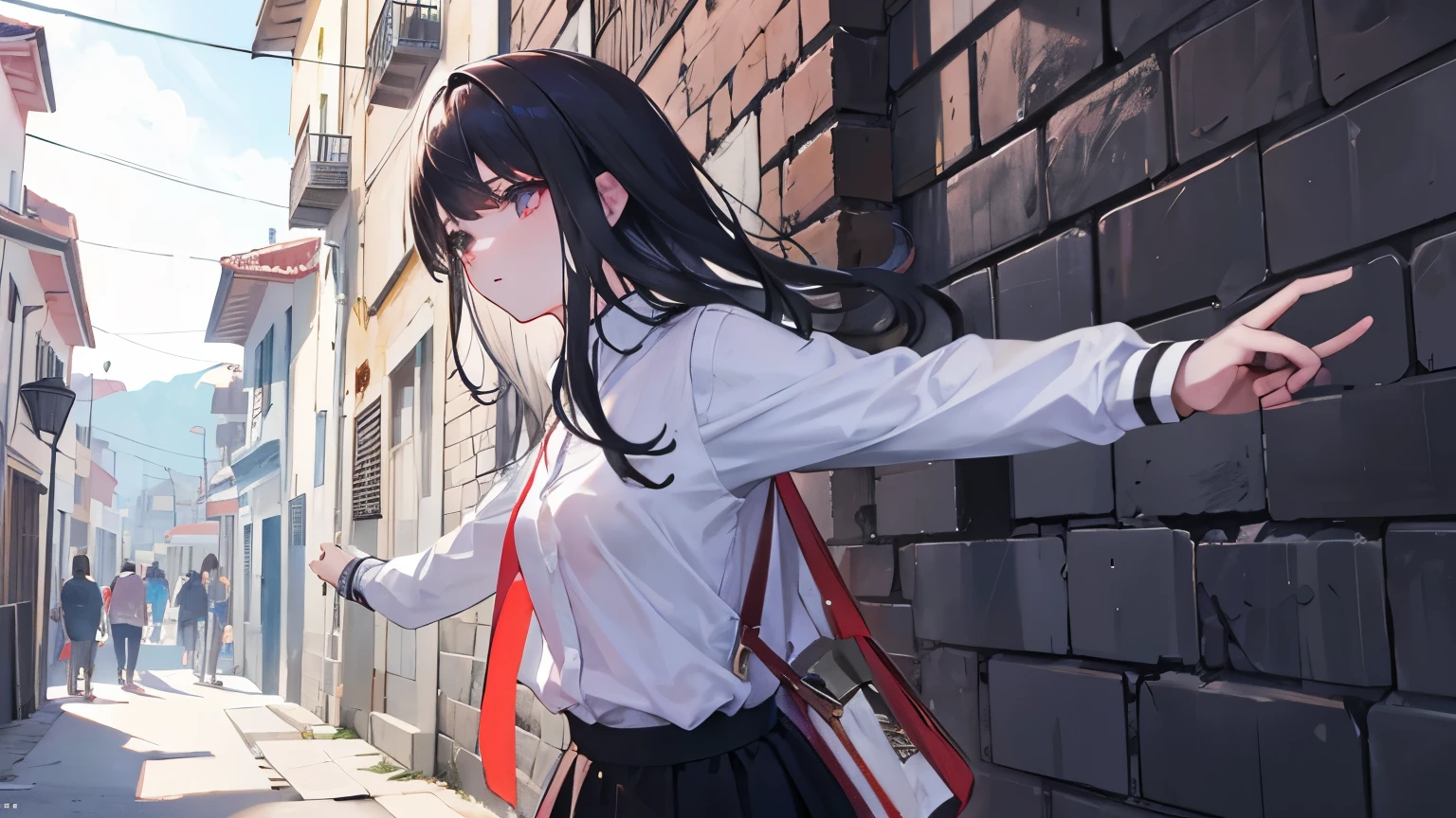 estudiante pelo largo camisa blanca cobarta negra y falda negra y un cuchillo en las manos lleno de sangr en un callejon sin salida
