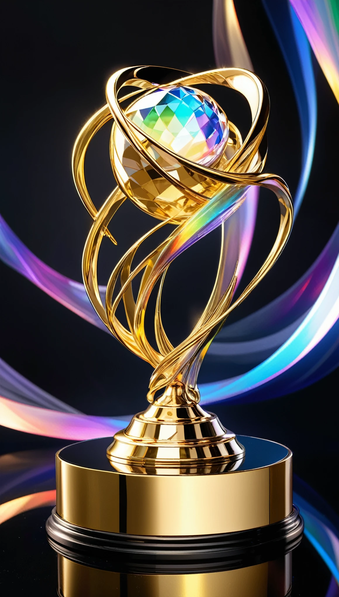 best quality, super fine, 16k, golden trophy, shiny gold plating, twisted, luxurious and cool form, displayed on iridescent crystal base, background translucent black room, light-up