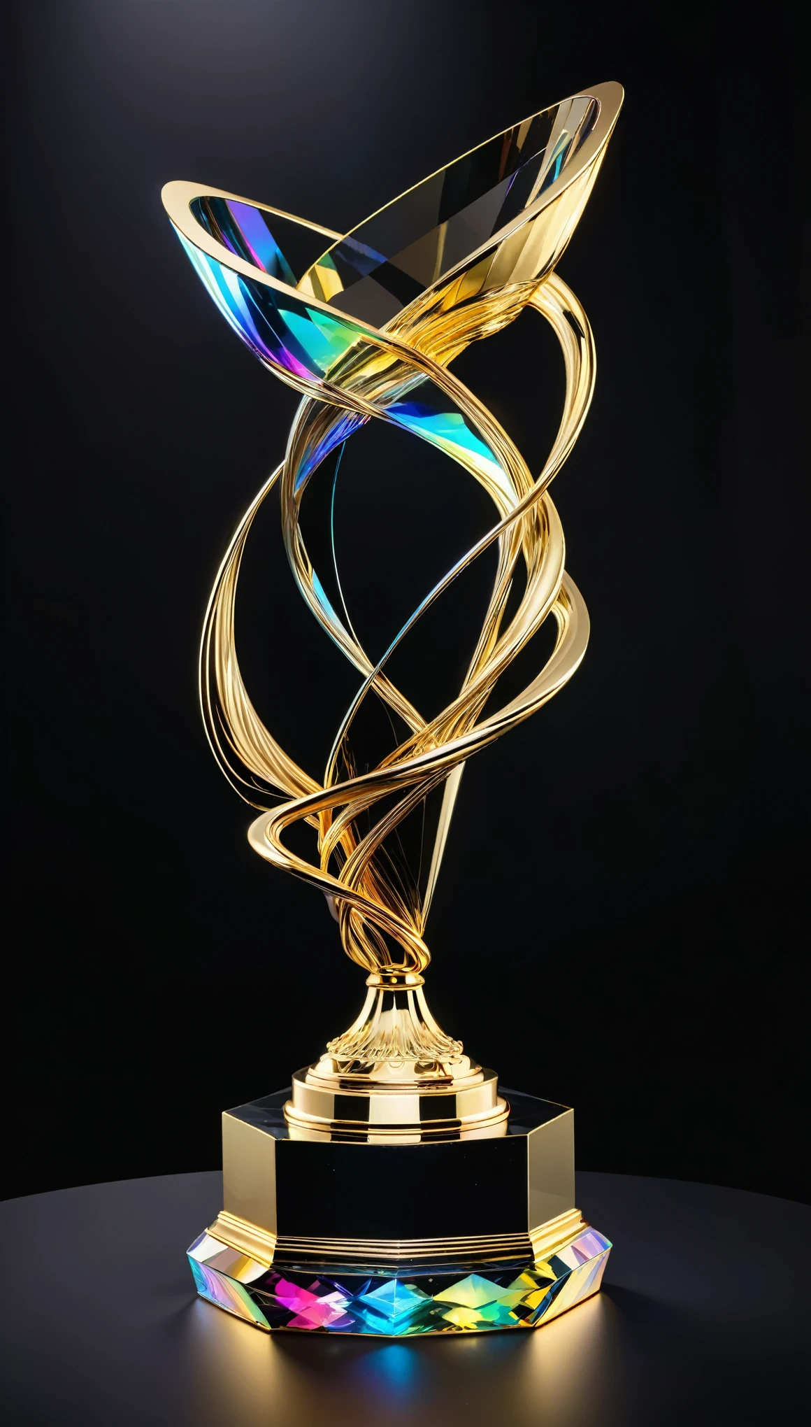 best quality, super fine, 16k, golden trophy, shiny gold plating, twisted, luxurious and cool form, displayed on iridescent crystal base, background translucent black room, light-up