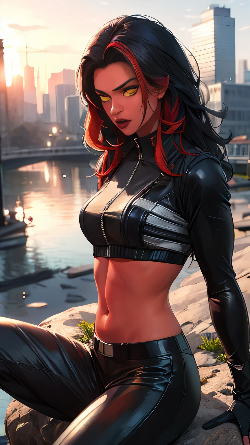 (Highly quality, masterpiece, detailed), City on Fire detailed scenario, city on fire detailed background, 20 years old girl, redshehulk, solo, Red skin, Yellow eyes, Black hair, Colored Skin, Black top, Leather top, Black pants, Leather Pants, Crop top, Black Sleeves, Long Sleeves, Black Gloves, Navel, Angry, sitting on a rock, beautiful eyes, perfect eyes, looking at the viewer, Sexy pose