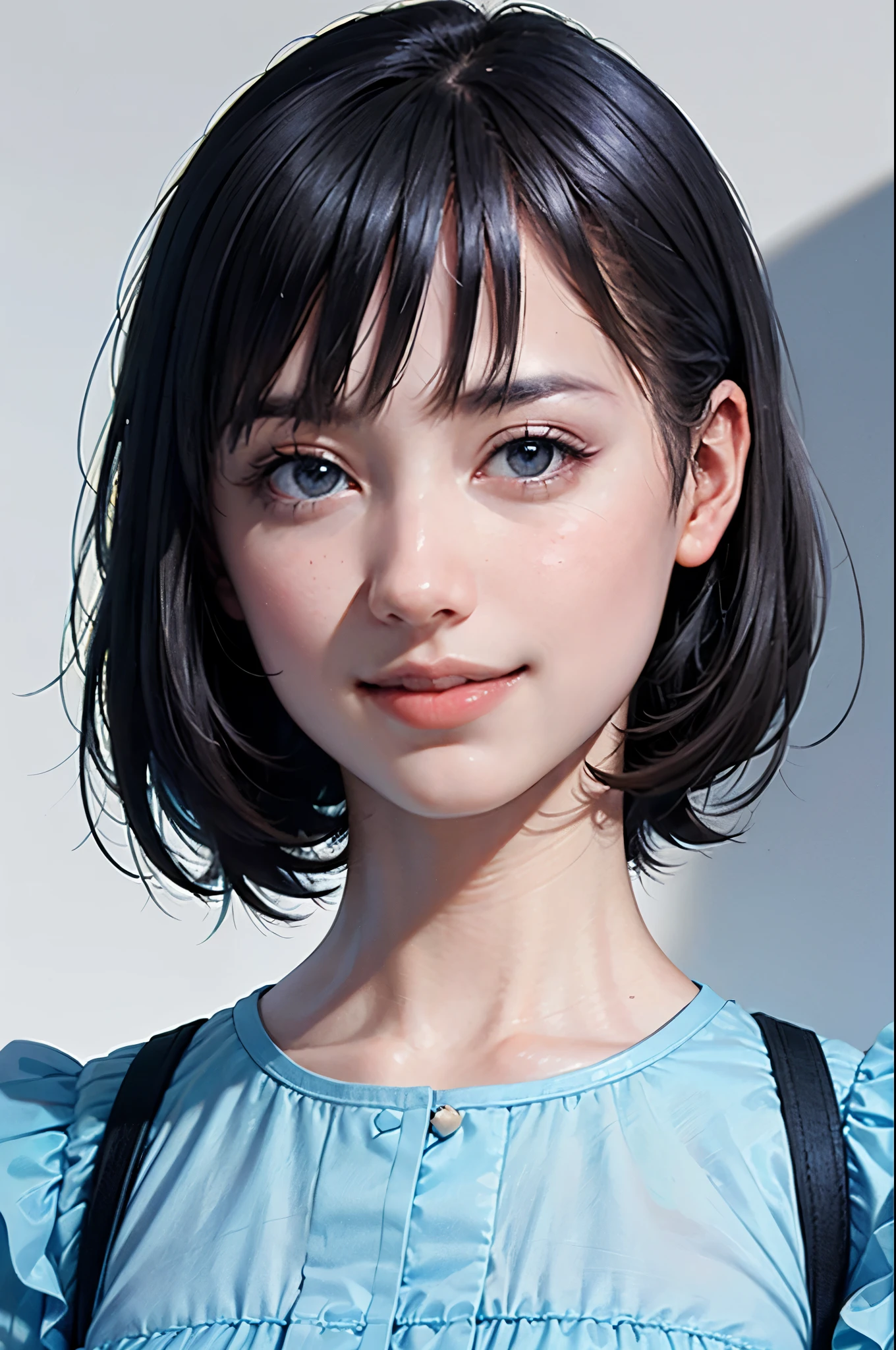 "(highest quality,8k,High resolution,masterpiece:1.2),Very detailed,(Realistic,photoRealistic,photo-Realistic:1.37),(Realistic:1.37),One beautiful woman、short hair,Deep black eyes,21 years old,Light Brown Hair,Blue clothes,Blue uniform,Moderate:Oil,Portrait of a Woman,smile,Vibrant colors,Soft lighting,Studio settings,Fine brushwork,White skin,Gentle expression,Subtle highlights,Thin hair bundle,A confident gaze,Classic black and white palette,Dramatic contrast,Bold composition,Mystery hint,Refined elegance,Professional Poses,Graceful posture,Perfect detail,Smooth skin texture,Perfect symmetry,The beauty of film: a mysterious smile,Sublime Art