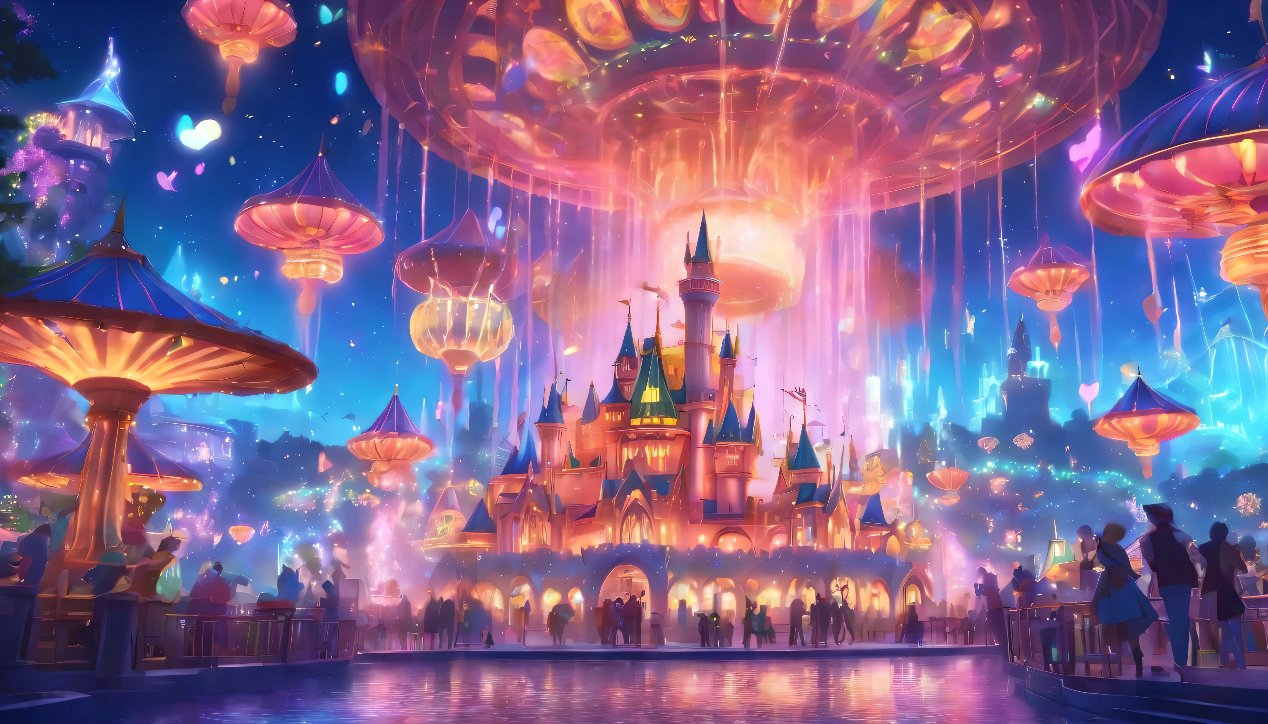 
A theme park where fairy tales and magic coexist, Disney,Wonderland，It features a fountain and a merry-go-round., A bustling magical city, Beautiful neon color rendering of a fairy tale, medieval fantasy town theme park, 8k，Digital art with attention to detail, Fantastic neon colors and atmosphere, Concept Art Magic Highlights, Magical concept art, Fantasy Style，Octagon Rendering, Magic fantasy is highly detailed, Paradise Theme Park, Magical colors and atmosphere, amusement park, roller coaster, merry-go-round horse, Bumper Car, Ferris wheel, Waterfront Park, The content is very detailed, Ultra-high resolution,Xin Haicheng,Night Sky,meteor