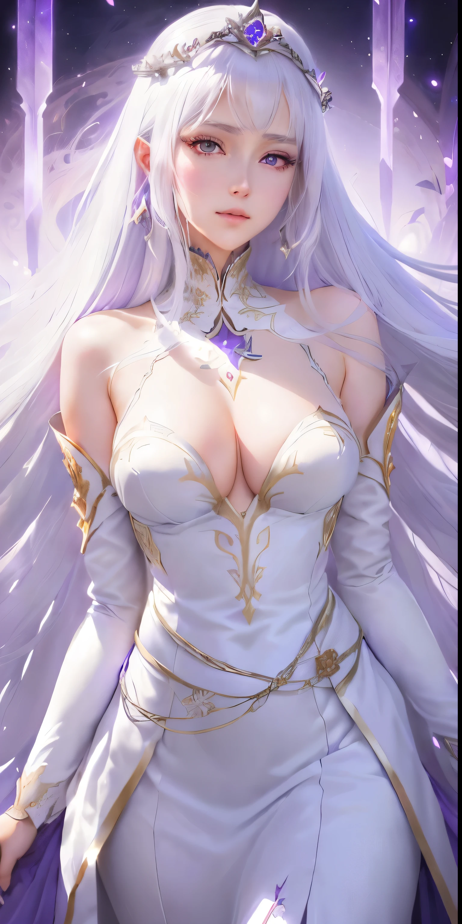 a close up of a woman with long white hair and purple eyes, portrait knights of zodiac girl, anime goddess, ((a beautiful fantasy empress)), knights of zodiac girl, white haired deity, beautiful alluring anime woman, purple eyes and white dress, a beautiful fantasy empress, alluring princess knight, extremely detailed artgerm, white armor, detailed anime artwork