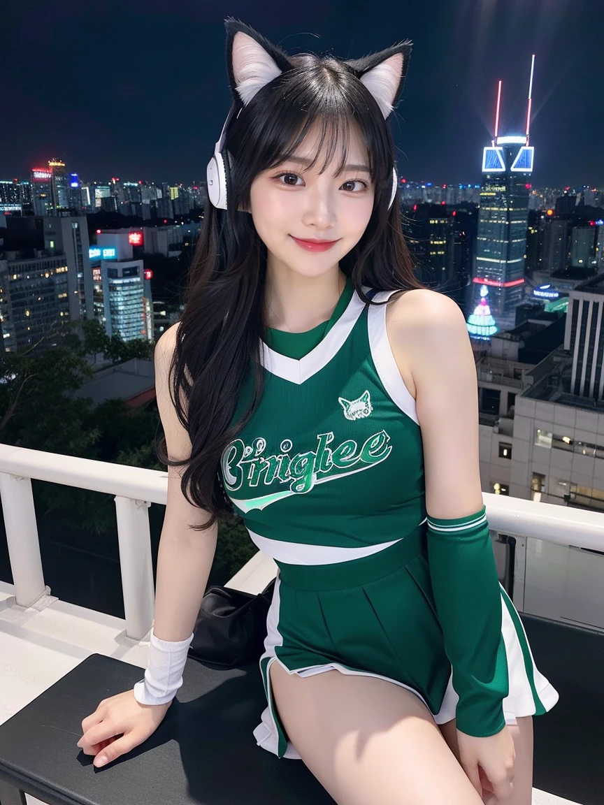 Full body photo、whole、最high quality, masterpiece, 32k、Very detailed、Realistic、1 girl, Japanese women、Cute face, (photo Actual:1.3), Edge lighting, (Skin with attention to detail:1.2), 8k超High resolution, Single-lens reflex camera, high quality, High resolution, 4K, 8k, Optimal ratio of four fingers to one thumb, (Actual:1.3), smile、ヘニョヘニョしたsmile、自然なsmile、Baseball Cheerleader Costumes(white、Emerald green line design、Japanese professional baseball cheerleaders、There are fighters and baseball logos)、Sexy high-leg costume、Leotard costume、Cat ear headphones(エメラルドグリーン色のネオンCat ear headphones)、cute 1 girl, Realistic、Super Realistic、32k、Very detailed、masterpiece, 最high quality, beautiful girl, beauty、 Mecha, Beautiful lighting, Sitting,Cyber Neon、Future City、Skyscraper、City Night、Shanghai、Big cities、Night view、綺麗なNight view