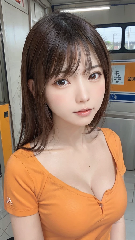 Realistic photos (1 cute Japanese star) Reverse hair, light makeup, Middle breast size, Orange polo shirt, At the train station, Canon EOS Clear Facial Features, 16k, High resolution, Sharp and realistic details, Exposure, interrupt, 超High resolution, High resolution, highest quality