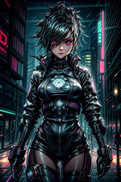 best quality,ultra-detailed,realistic,cyberpunk woman,tech suit,glowing neon lights,holographic interface,dystopian cityscape,high-tech gadgets,digital enhancements,futuristic atmosphere,urban decay,gritty textures,steampunk elements,sci-fi fashion,augmented reality,neural implants,advanced weaponry, cyber espionage,high-contrast colors,edgy fashion style,empowering female protagonist,gritty urban landscapes,dynamic camera angles,extravagant cyberpunk hairstyles,hauntingly beautiful cyberpunk aesthetic,urban legends and hackers,neon-lit rain-soaked streets,surveillance drones,advanced virtual reality simulations,cybernetic modifications,exciting plot twists