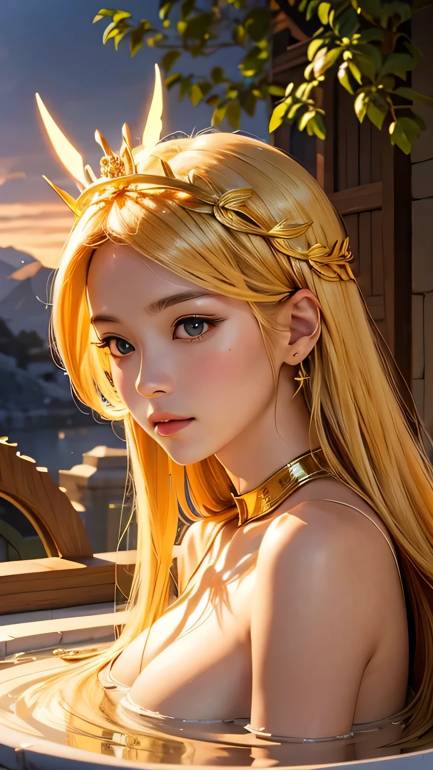 「Maiden of the Sun」：In a sacred sanctuary bathed in sunlight、Depicts the appearance of the sun goddess。She looks forward and shines with divine radiance.、The hair is golden。Focus on her face。She&#39;s the King of Hearts pose （Make a big heart with your hands、Put your face in it and smile.、A pose that makes you feel like the king of love）doing。The background is mainly pink.、Evokes divine grandeur。The place is heaven、Wrapped in soft, bright light、You can find peace and tranquility free from anxiety。
