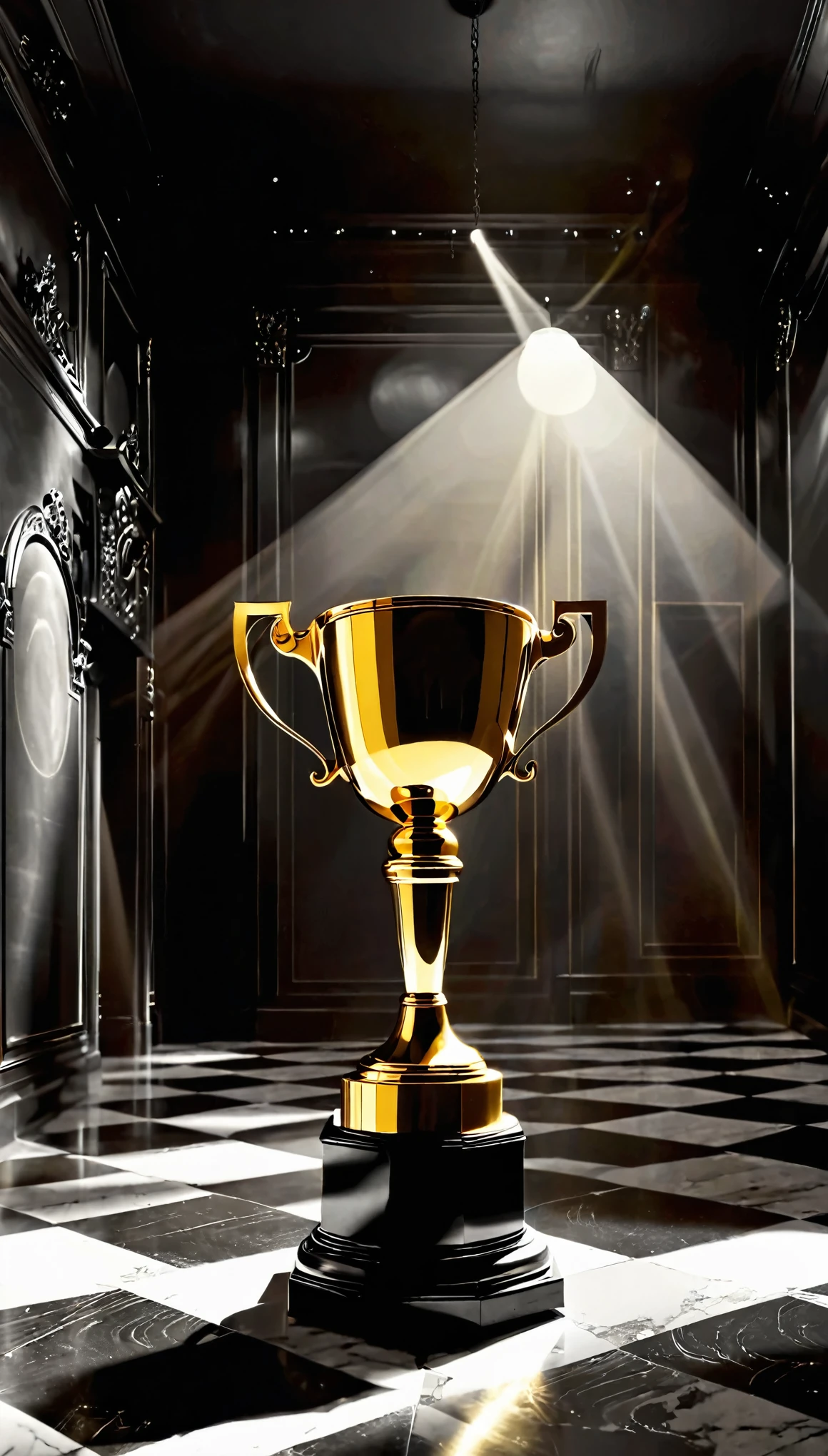 The golden trophy stands alone in the empty black and white hall,light and shadow magic