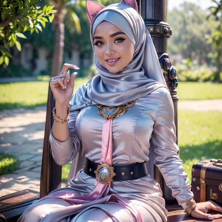 3 girls, 3 people,3DMM, ((Masterpiece, best quality, photography, detailed skin, realistic, photo-realistic, 8k, highly detailed, full length frame, High detail RAW color art, diffused soft lighting, shallow depth of field, sharp focus, hyperrealism, cinematic lighting, hijab, a woman in a beautifully makeup, smokey eyeshadow, beautiful big eyes, long eye lashes, wearing (Taupe satin hijab), loosely tide hijab style, ((gray satin shirt)), satin long maxi skirt, reading, sitting under tree, garden, Craft a photorealistic scene of a Malay girl in hijab as an intrepid explorer in a steampunk world. Showcase intricate gears, Victorian-inspired fashion, and a sense of adventure in this alternate reality, 8mm lens, Extreme close-up, pastel color grading, depth of field cinematography effect, film noir genre, 8k resolution, high quality, ultra detail, thicc, wearing hijab, hijab star, hijab gorgeous, hijab super model, Malaysian girls group,malay, The whole body consists of a young girl with hijab, Eye makeup, 21yo, Cat ears, Soft lighting, group, Wear shabby clothes, Dirty, Tattered futuristic bikini, Cat's paw badge, Pose, spot color, rendering by octane, Ultra-realistic intricate details, Cinematic, 8K resolution, 70mm, emphasis lighting, Global illumination, (((wearing a Sexy belt design by LV))) Surreal full-body figure, Beautiful and delicate body and face, gorgeous figure, ssmile, Titillating,Surreal full-body figure,Beautiful and detailed body and face, Super vista, White skin of the, vivd colour,🔥8k, (masterpiece), (((highest quality)), (super detailed), 2 girls, (iridescent hair, colorful hair, half blue and half pink hair: 1.2), 38 years old, (Gorgeous Malay Girls: 1.2), outdoor, bangs, smile, sky blue eyes, perfect hands, perfect hands, hand details, corrected finger